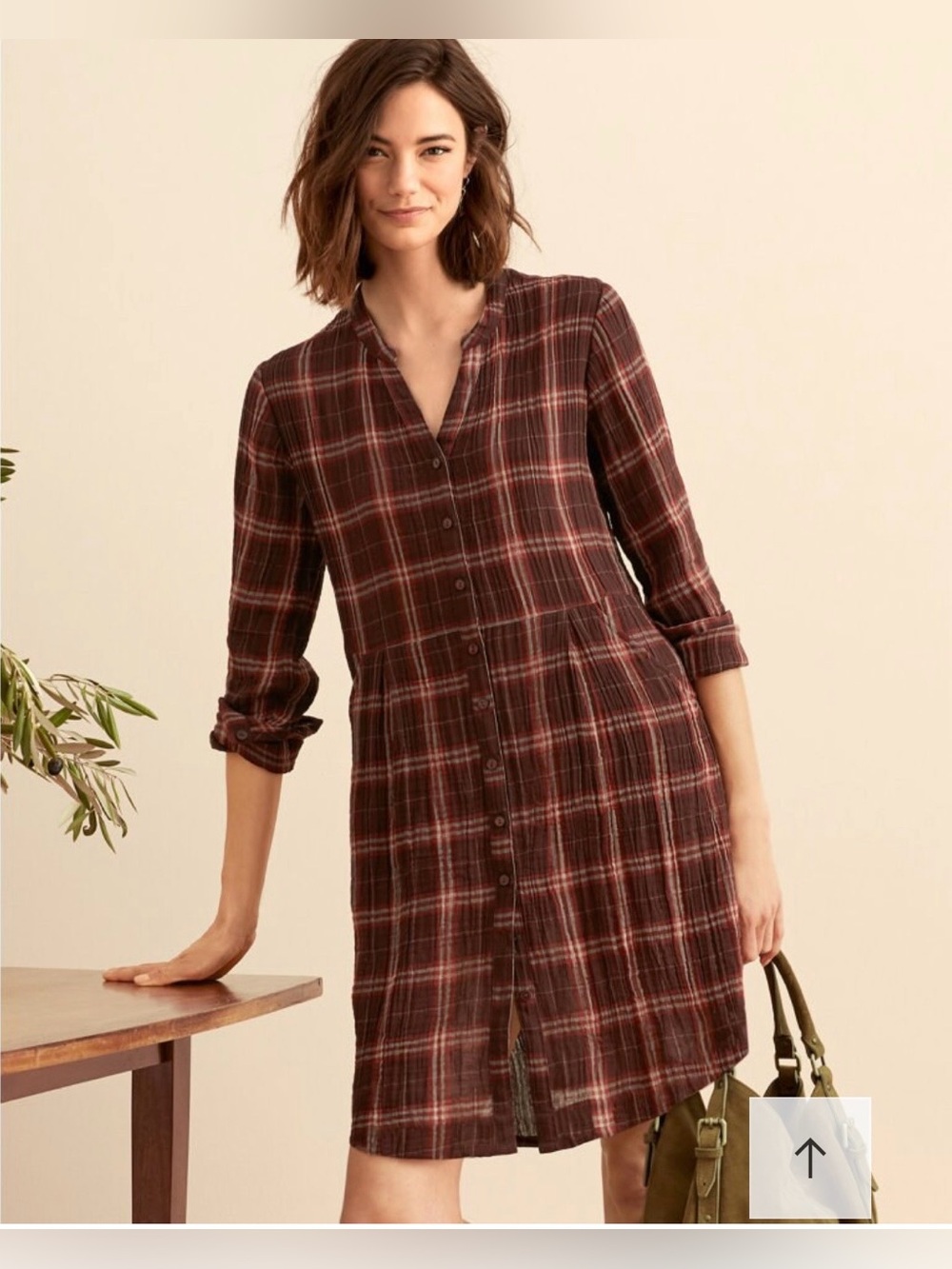 Garnet Hill Brown and Pink Plaid Long-Sleeve Shirt Dress